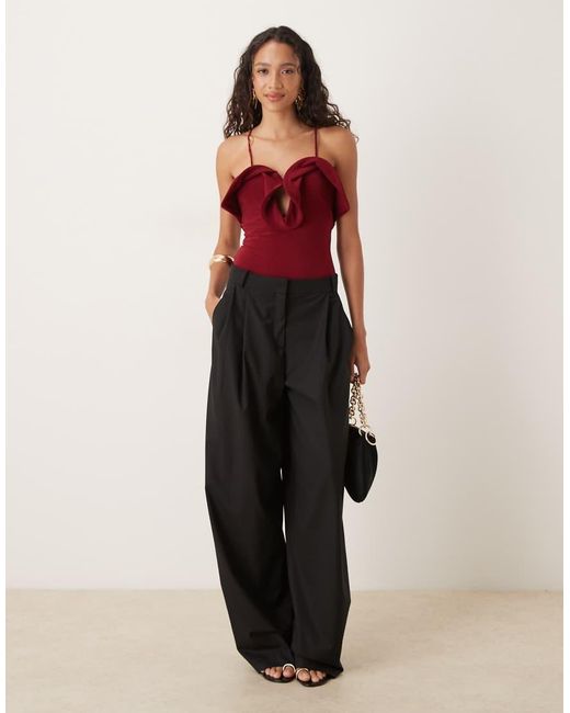 ASOS Red Frill Detail Plunge Halterneck Bodysuit