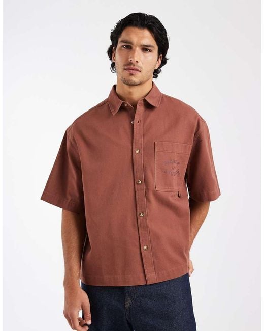 ASOS Red Boxy Oversized Half Sleeve Twill Shirt With Back Print for men