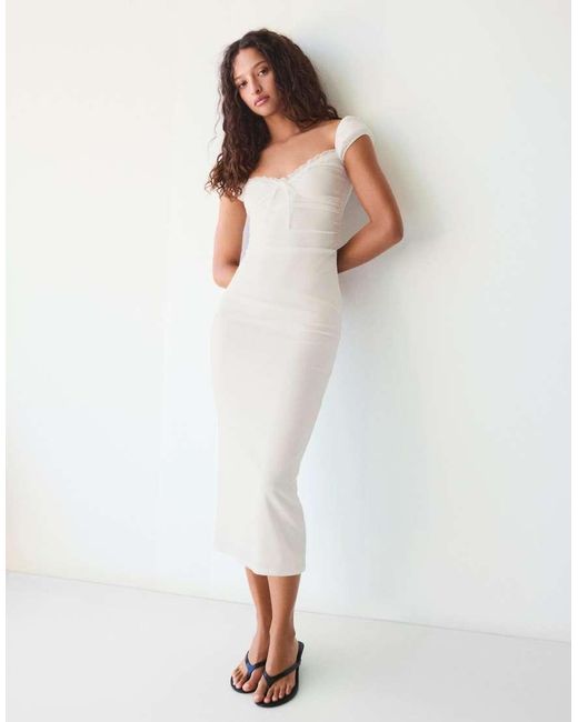 Bershka White Lace Crinkle Midi Dress