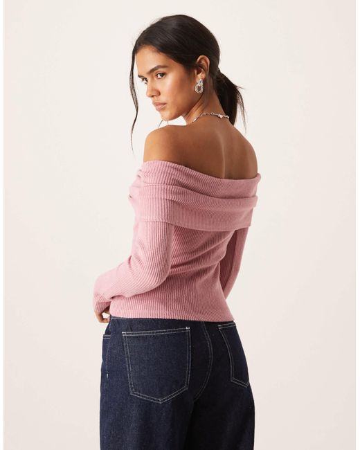 ASOS Pink Supersoft Brushed Rib Hardware Detail Off Shoulder Jumper