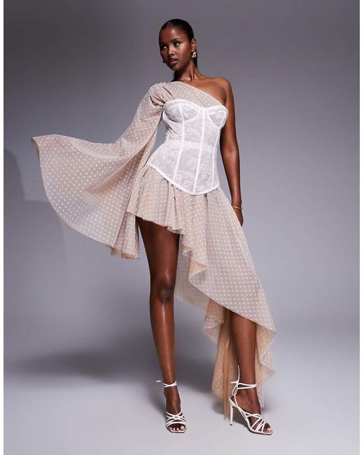 The Dolls House Gray Evangeline Asymmetric Polka Lace Corset Maxi Dress