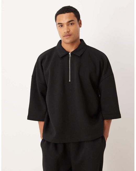 Felpa Oversize Nera Con Zip Corta, Colletto E Maniche A 3/4 di ASOS in Black da Uomo