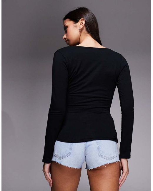 Fashionkilla Black Exclusive Cotton Rich Bra Insert Button Through Long Sleeve Top