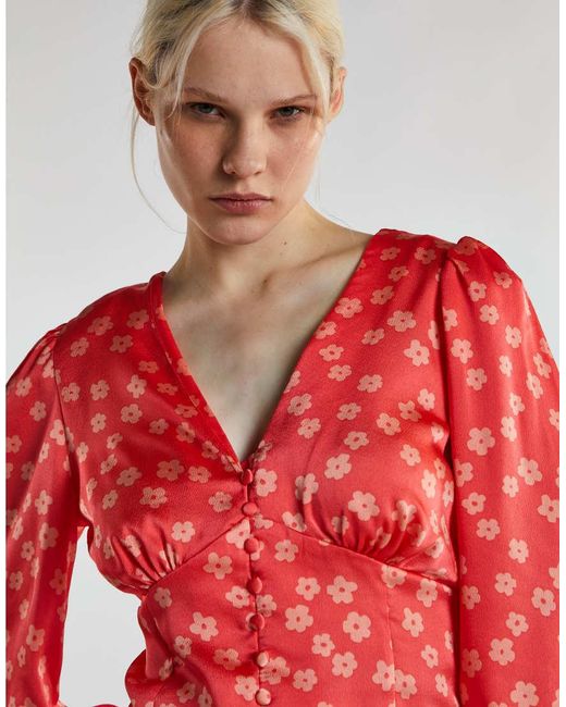 Glamorous Red V Neck Blouses
