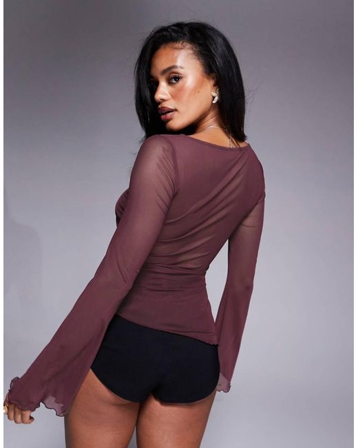 ASOS Purple Mesh Drawstring Top With Flute Sleeve