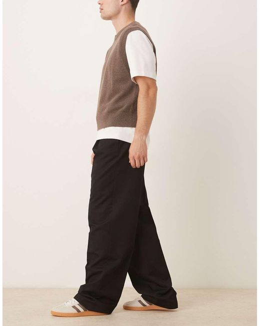 ASOS Black Smart Wide Leg Stacked Trousers With Pleats for men