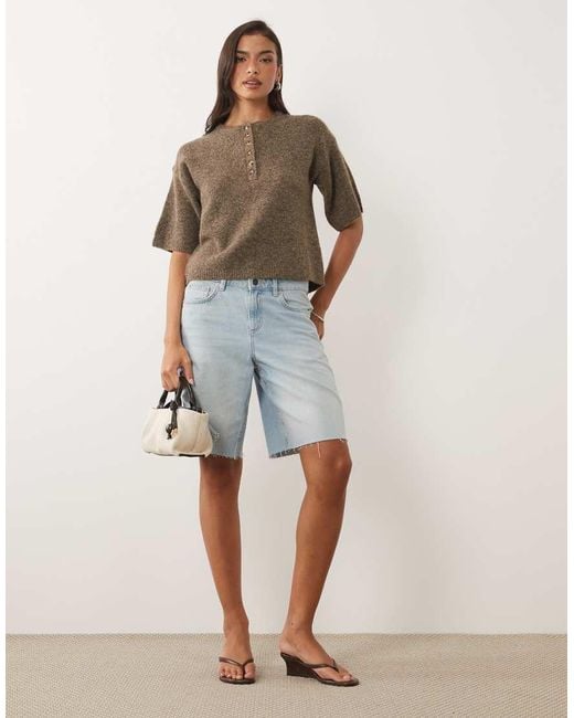Nobody's Child Brown Knitted Crew Neck Short Sleeve Relaxed Fit Henley Tee