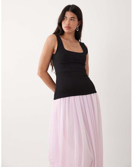 ASOS Pink Off Shoulder Square Neck Corset Maxi Dress With Mesh Bubble Hem