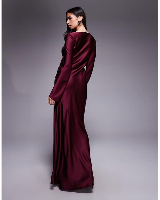 DASKA Purple Satin Bias Long Sleeve Seam Detail Maxi Dress