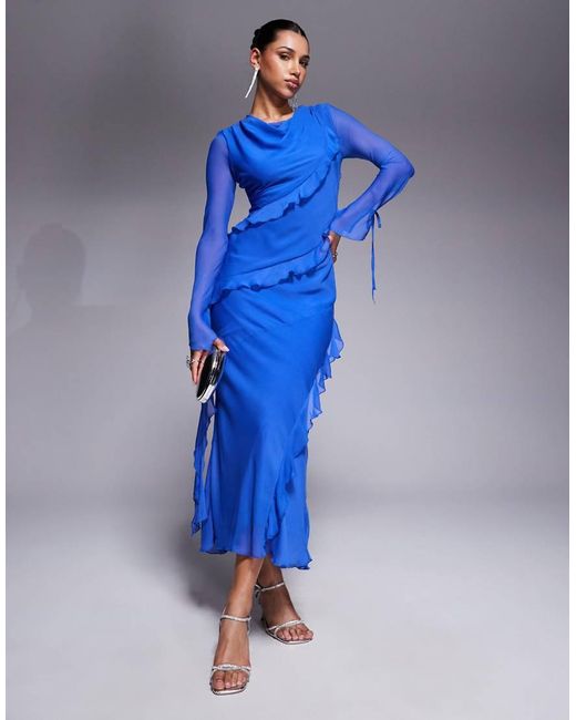 DASKA Blue Chiffon Ruffle Maxi Dress