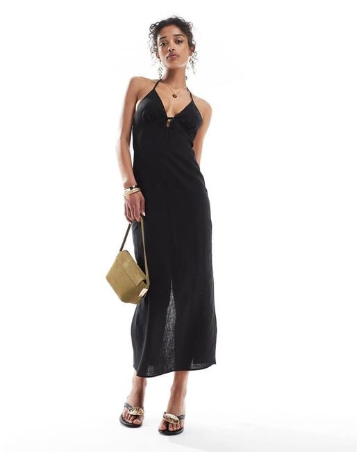 Bershka Black Halterneck Linen Maxi Dress