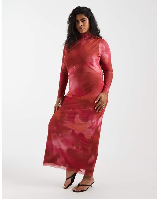 Vero Moda Red Long Sleeve Drapey Mesh Maxi Dress