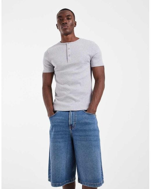 ASOS Gray Muscle Fit T-shirt With Henley Neck for men