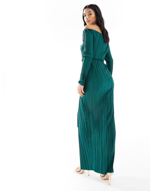 ASOS Green Asos Design Petite Plisse Bardot Twist Front Maxi Dress