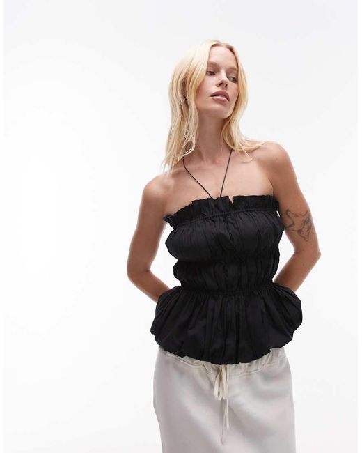 Mango Black Featuring Kaia Gerber Premium Cotton Shirred Bandeau Top With Bubble Hem