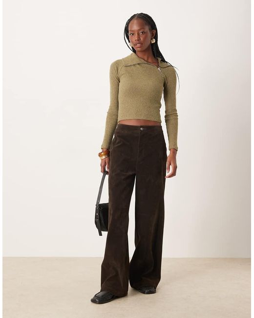 ASOS Green Supersoft Brushed Rib Long Sleeve Top With Zip Detail