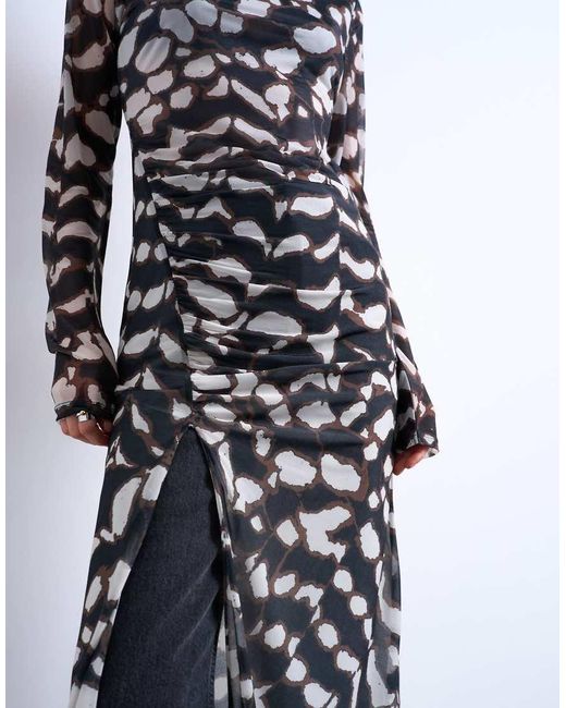 TOPSHOP White Mesh Maxi Animal Print Long Sleeve Dress