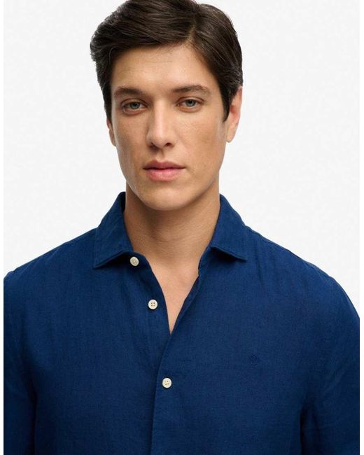 Superdry Blue Riviera Long Sleeve Linen Shirt for men