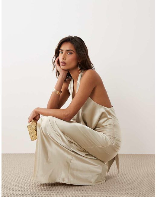 Aria Cove Natural Satin Deep Cowl Neck Scarf Detail Maxi Dress
