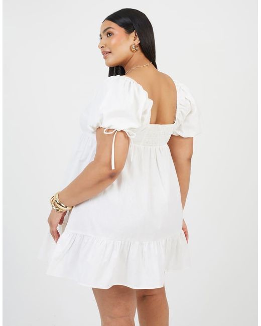 Brave Soul White Curve Cotton Puff Sleeve Mini Dress