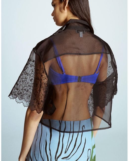 TOPSHOP Blue Crop Organza Embroidered Shirt