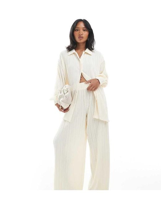 4th + Reckless Petite White Plisse Elasticated Waist Wide Leg Trousers Co-ord