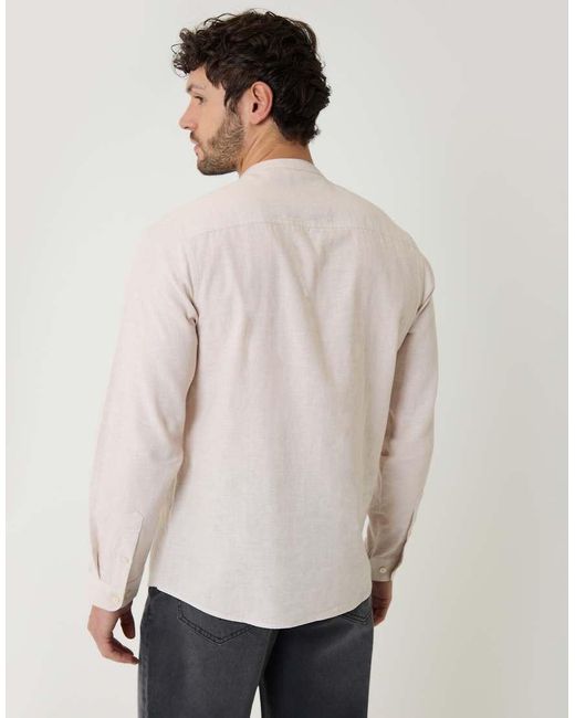 Threadbare Natural Linen Blend Long Sleeve Grandad Collar Shirt for men