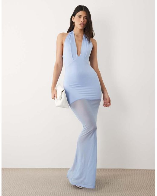 Aria Cove Blue Slinky Plunge Halterneck Sheer Hem Maxi Dress