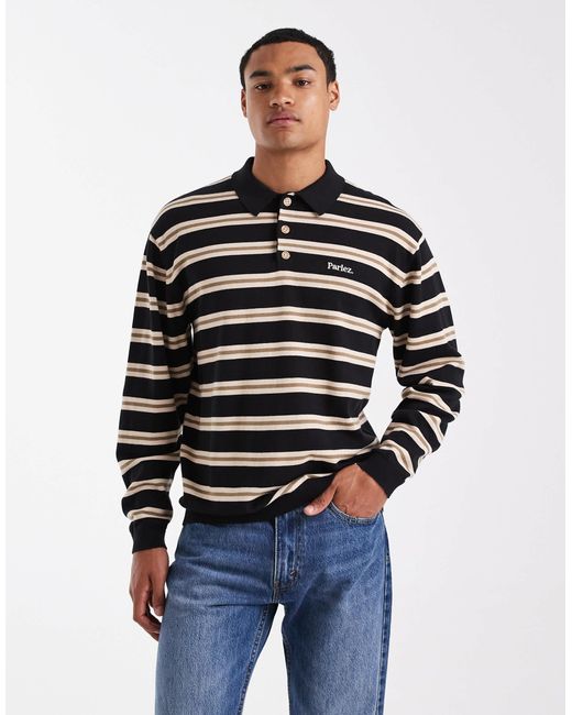 Parlez Blue Long Sleeve Knitted Logo Polo for men
