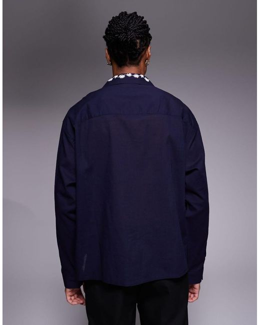 ASOS Blue Revere Shirt With Placement Print And Embroidery for men