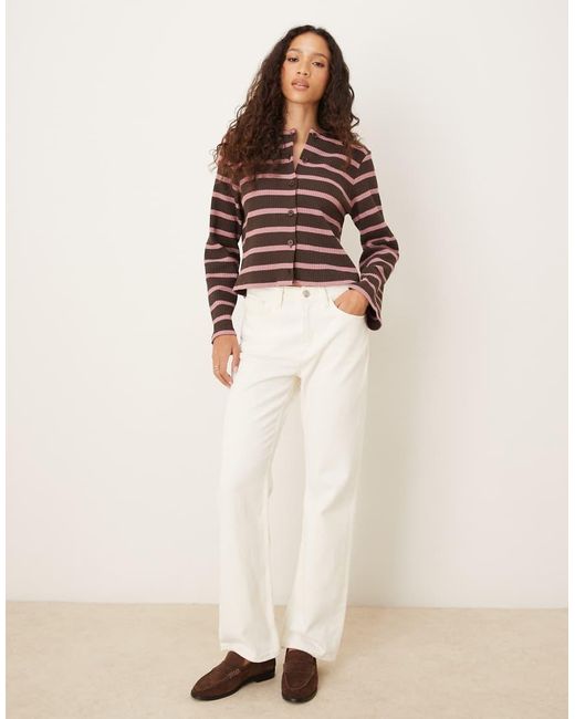 ASOS Brown Cut And Sew Stripe Button Through Long Sleeve Top