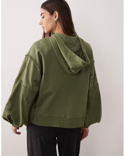 ASOS Green Zip Through Hoodie With Embroidered Flower Detail