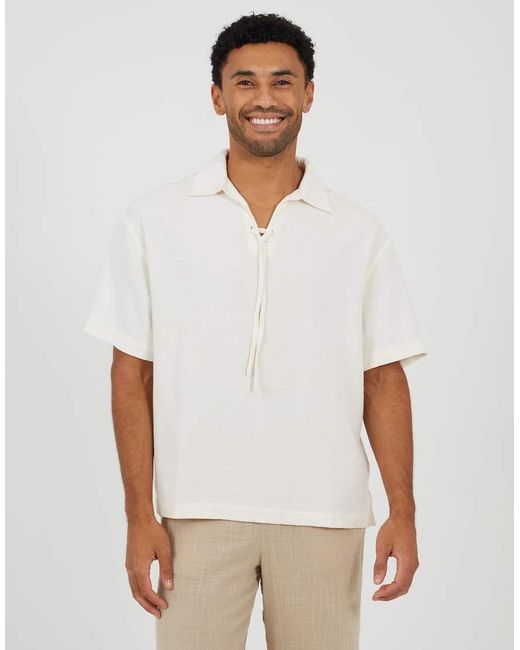 Brave Soul White Cotton Open Collar Shirt With Tie Detail for men