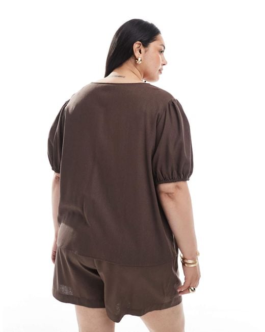 Pieces Plus Brown Pieces Curve Tie Detail Short Sleeve Top