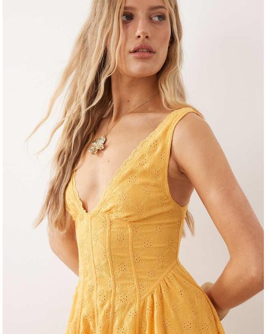 Free People Yellow V Neck Corset Style Mini Dress