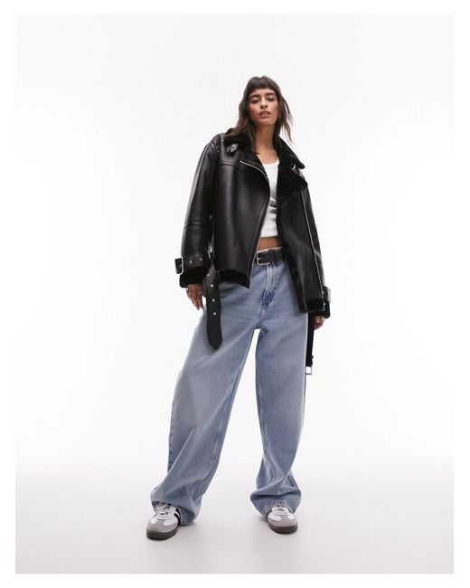 Faux Leather Shearling Oversized Aviator Biker Jacket in Black