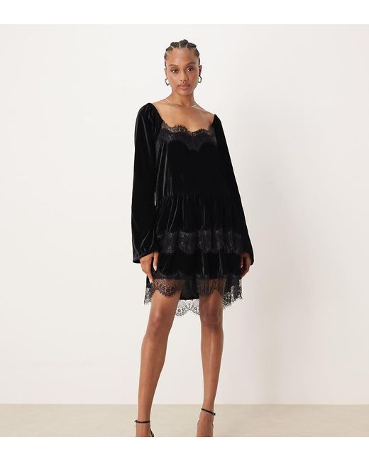 ASOS Black Asos Design Tall Long Sleeve Sweetheart Neckline Velvet Mini Dress