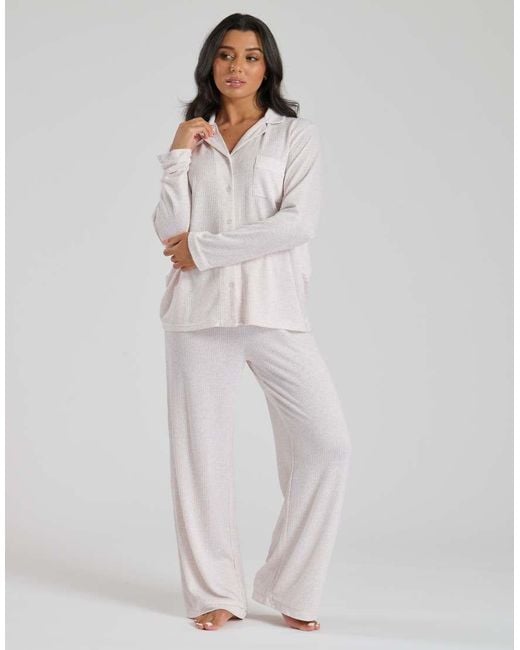 Loungeable White Marl Brushed Knit Rib Traditional Pyjama Set