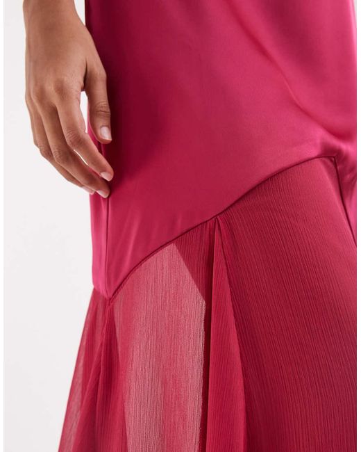 Pretty Lavish Red Cold Shoulder Drop Hem Sheer Maxi Dress