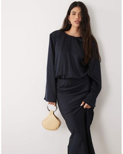Kaiia Black Exclusive Satin Cinched Blouson Waist Flared Sleeve Maxi Dress
