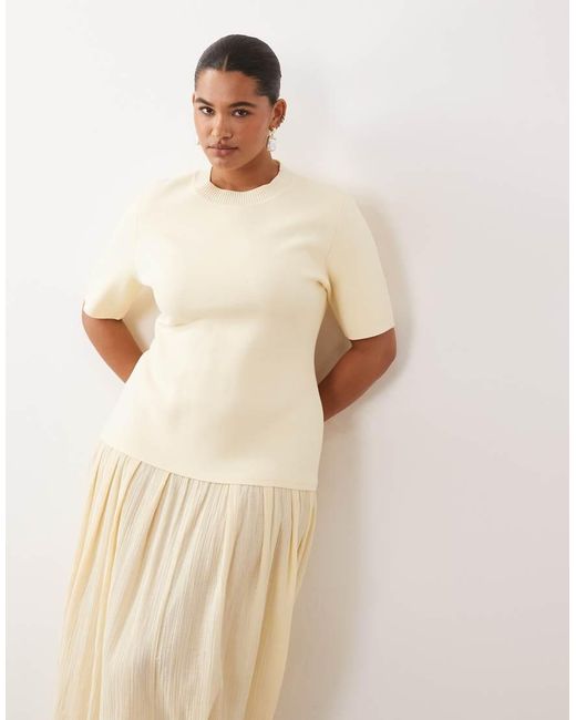 ARRANGE Yellow Curve Knit Short Sleeve Hybrid Midi Dress