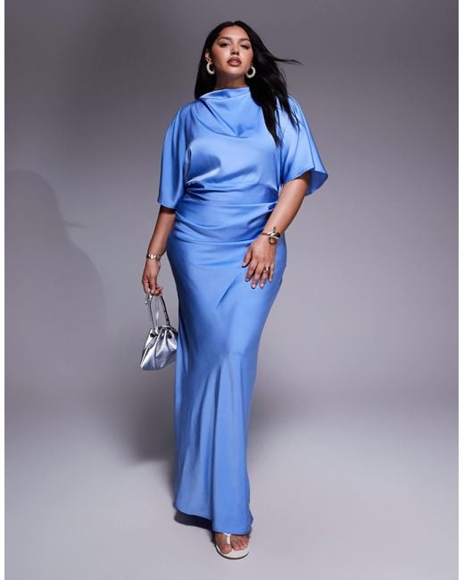 ASOS Blue Asos Design Curve Satin High Neck Blouson Maxi Dress With Flutter Sleeve