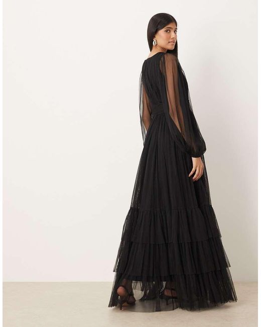 LACE & BEADS Black Bridesmaid Long Sleeve Maxi Dress
