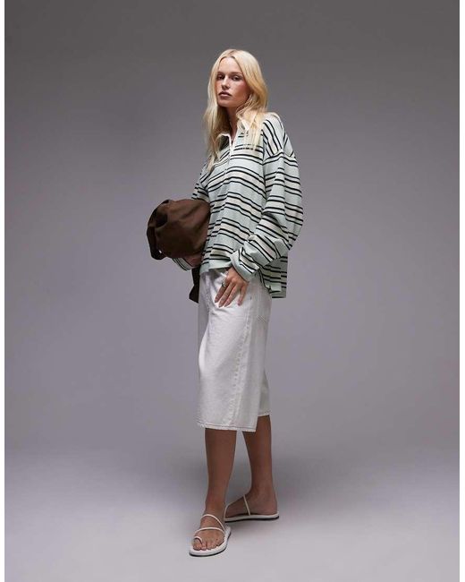 TOPSHOP Gray Jersey Stripe Rugby Long Sleeve Polo