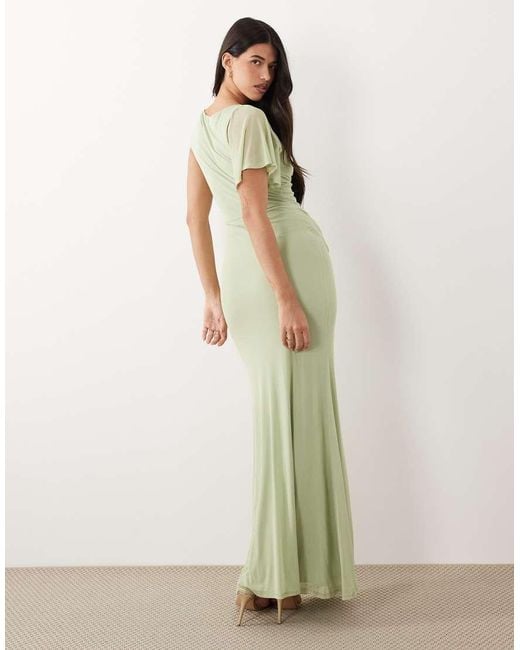 ASOS Green Draped Mesh Asymmetric Sleeve Maxi Dress
