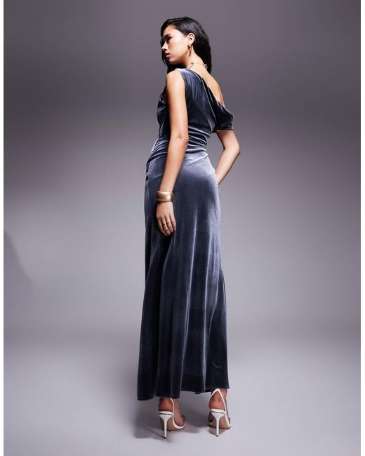 ASOS Blue Velvet Premium Asymmetric Drape Detail Maxi Dress With Side Split