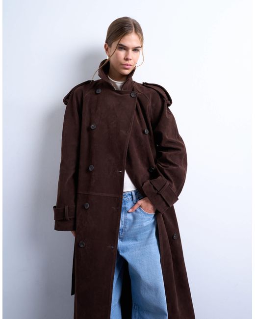 TOPSHOP Blue – longline-trenchcoat aus wildlederimitat
