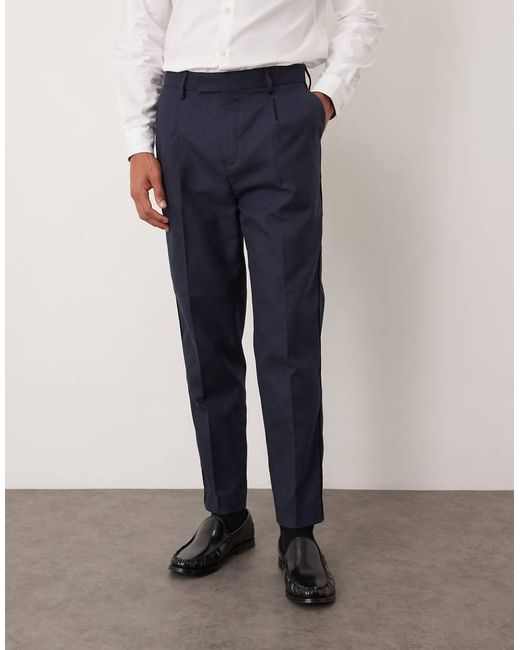 ASOS Blue Cotton Linen Blend Tapered Suit Trousers for men