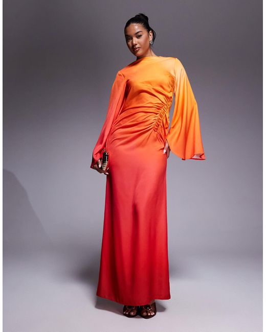 ASOS exaggerated Sleeve Bias Maxi Dress With Ruched Waist in Red | Lyst