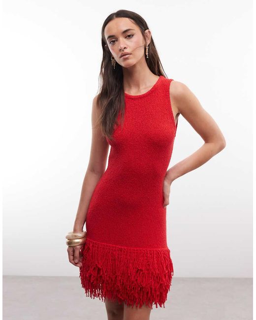 ASOS Red Slub Fringed Mini Dress
